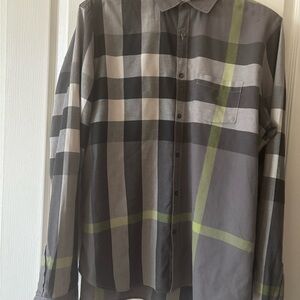 Burberry Grey Plaid Button-Down Shirt with Olive Stripe XL